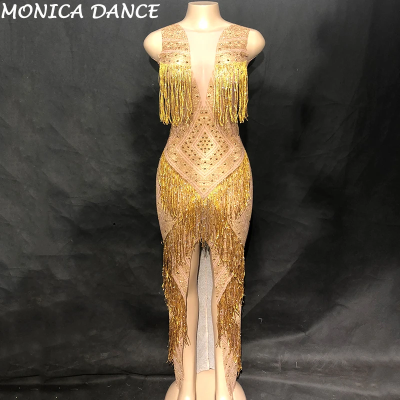 

Women Sexy Stage Net Yarn Bling Long Dress Gold Tassel Sparkling Crystals DJ Costumes Nightclub Birthday Party Stage Dance Dress