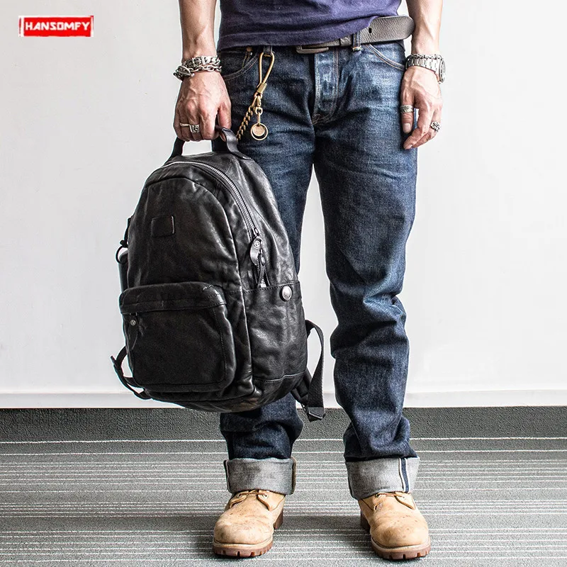Мужские рюкзаки из натуральной кожи в стиле ретро, сумка на плечо для ноутбука, новинка, Мужской мягкий черный кожаный тренд, Большой Вместительный рюкзак для путешествий