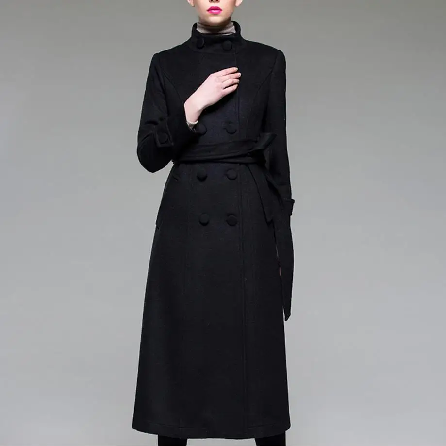 New fashion stand collar wool blends coats slim double breasted trench coat women elegant long woolen coat with belt