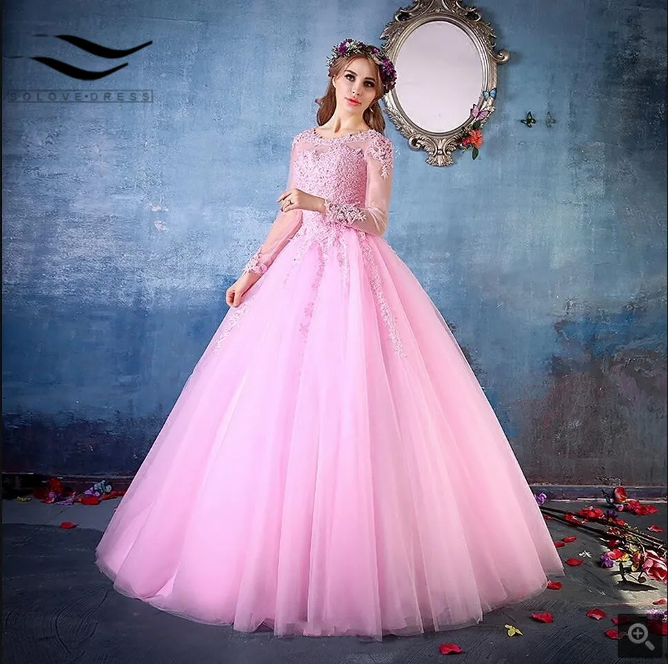 long sleeve pink ball gown