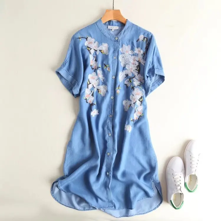2017 New Fashion Spring Casual Denim Dresses Women Short Sleeve Single Breasted Vintage Floral Embroidery Jeans Dress Vestidos