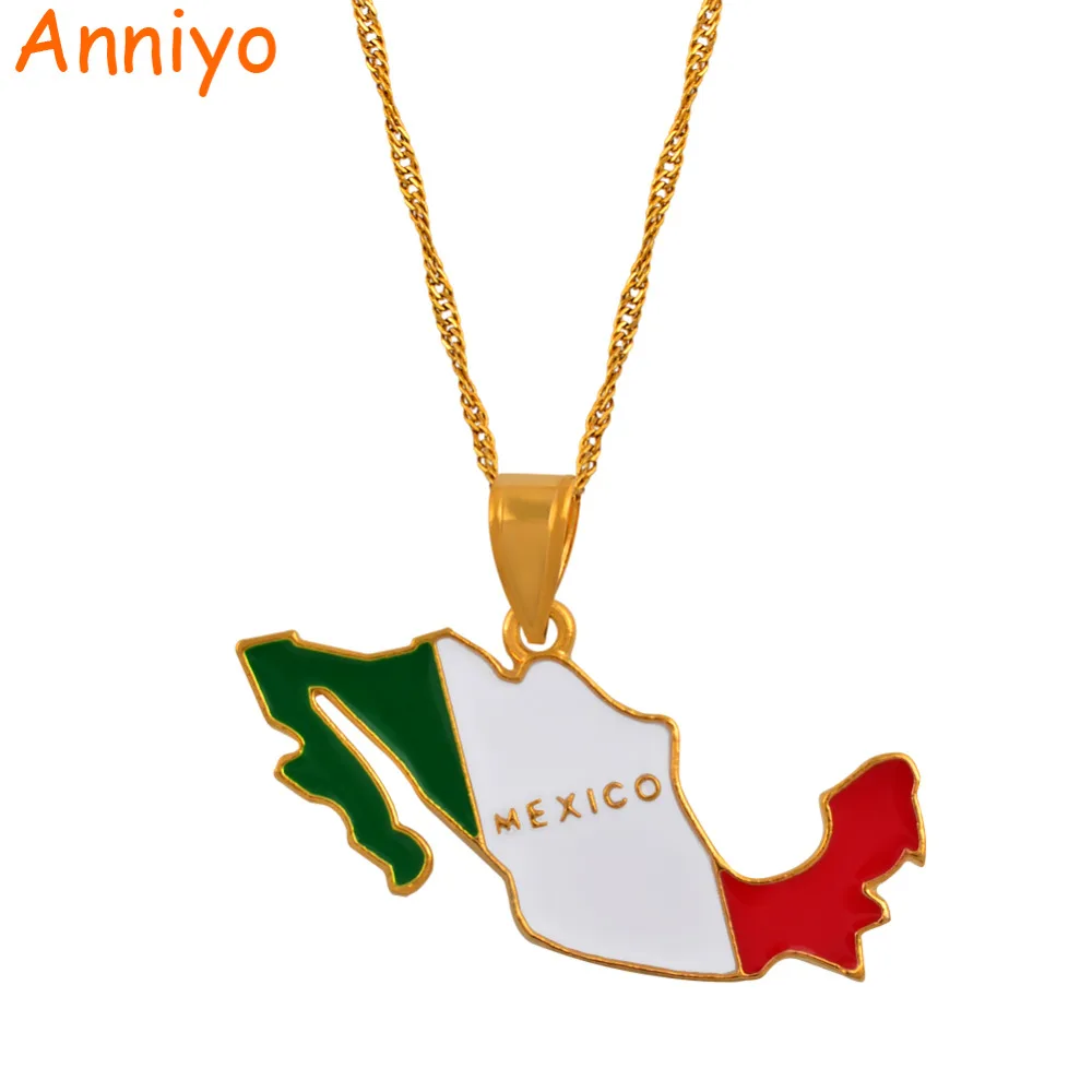 

Anniyo Mexico Map and Color Enamel Pendant Necklaces for Women Jewelry Mexican Patriotic Gifts #133606
