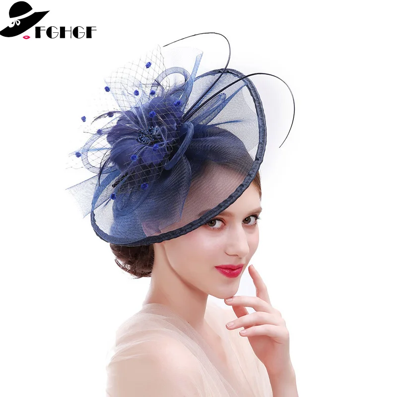 FGHGF Fascinators Шапки для Для женщин цветок сетка ленты перо оголовье дамы Hairclip девушка Race Дерби Свадебные Чай вечерние Головные уборы