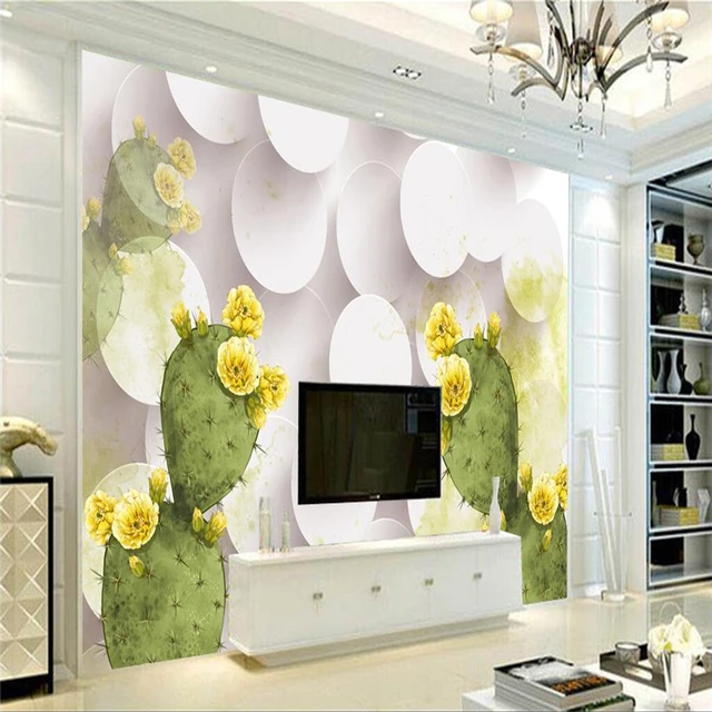 Custom Wall Paper Cactus Flower Yellow Wall Murals For Living Room