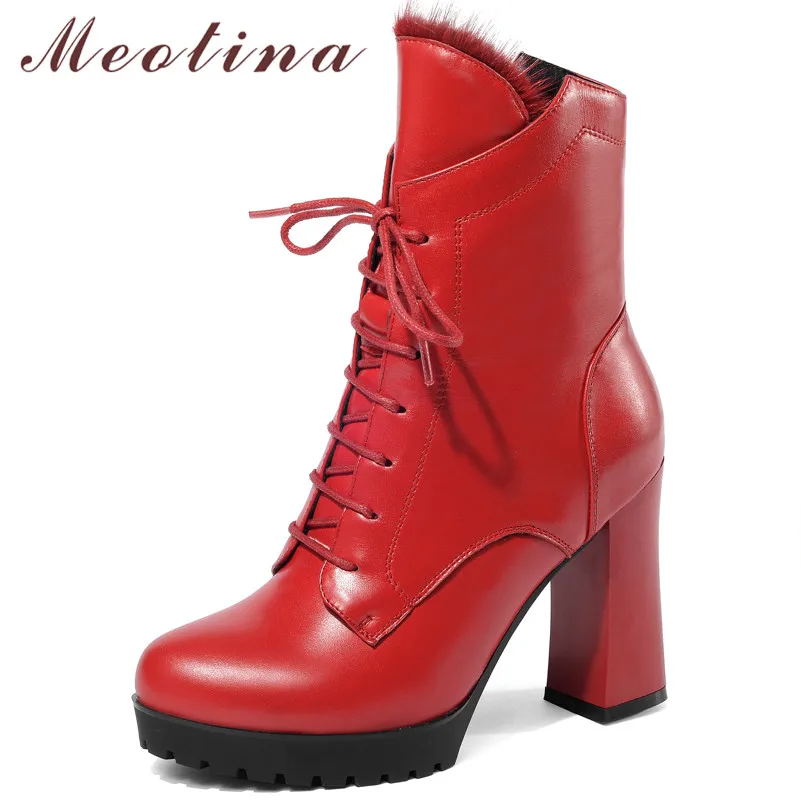 

Meotina Winter Fur Ankle Boots Women Natural Genuine Leather Platform Block Heel Short Boots Zip Super High Heel Shoes Autumn 39