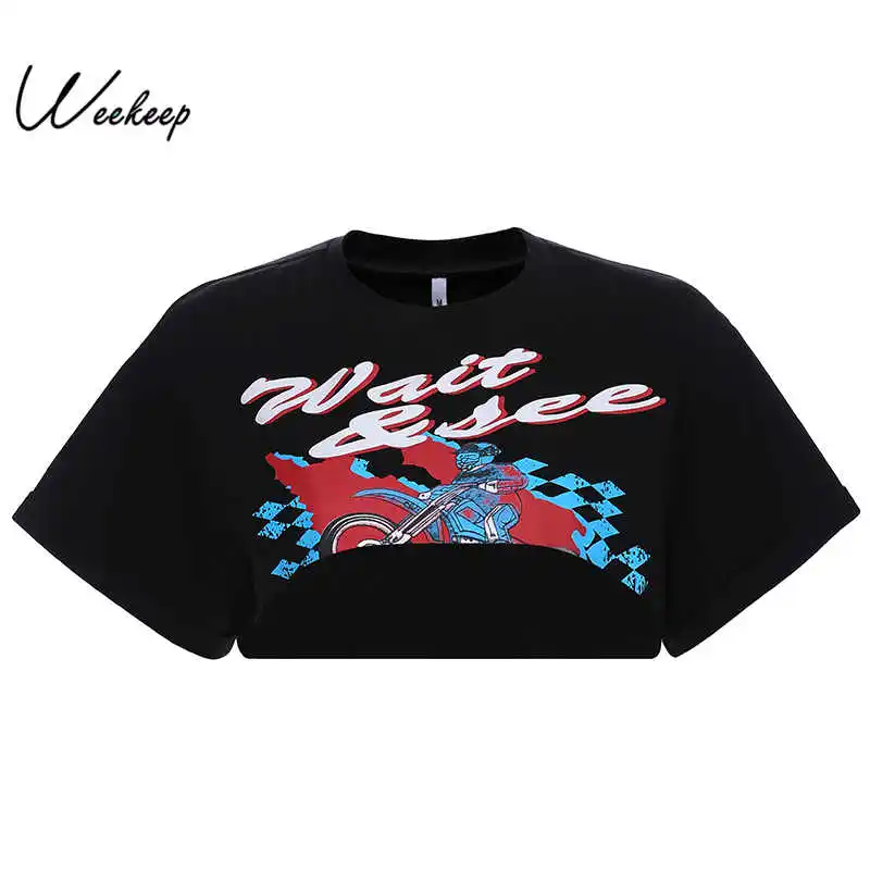 

Weekeep Women Black Loose Print O-neck t shirt Cropped Streetwear Knitted t-shirt Summer Fashion Tee Shirt Femme Crop Top