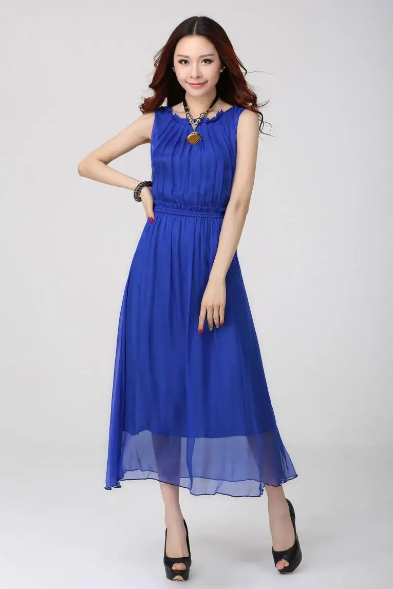 Женское летнее платье размера плюс с О-образным вырезом без рукавов из 97% шелка, женское однотонное шелковое платье, шелковое платье, женское платье длиной до щиколотки со складками - Цвет: navy blue