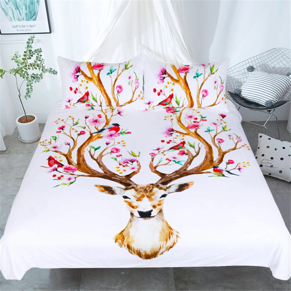 

Printed Deer Bedding Set 3pcs 100% Cotton Linens Home Textile Full Queen Bed Set King Comforter Bed Duvet Cover Pillowcase E