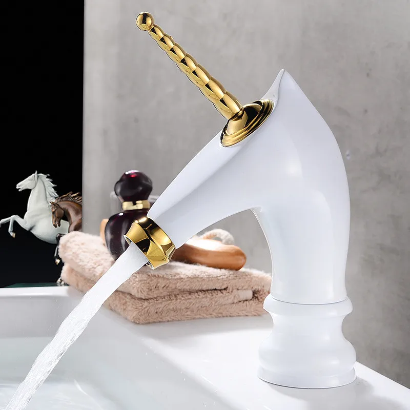 

Basin Faucet Brass Sink Mixer Tap Hot & Cold Waterfall Bathroom Faucet Single Handle Deck Mounted Lavatory Crane Horse Shape