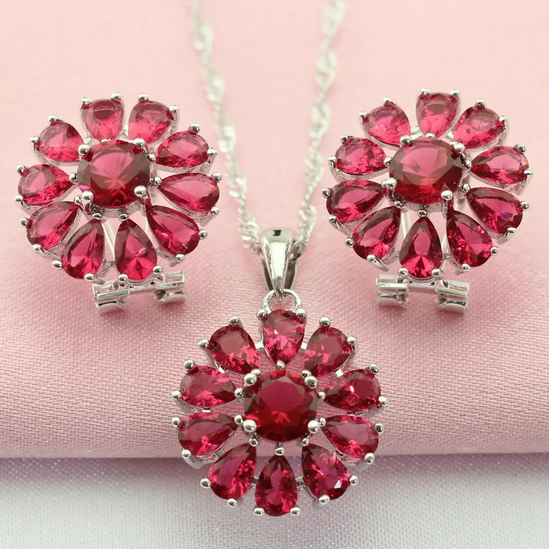 

WPAITKYS Flower Red Cubic Zirconia Silver Color Party Jewelry Sets For Women Necklace Pendant Hoop Earrings Free Gift Box