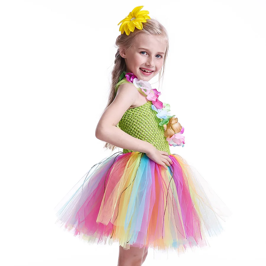 Girls Hawaiian Grass Hula Tutu Dress with Flower Garland Necklace Kids (7)