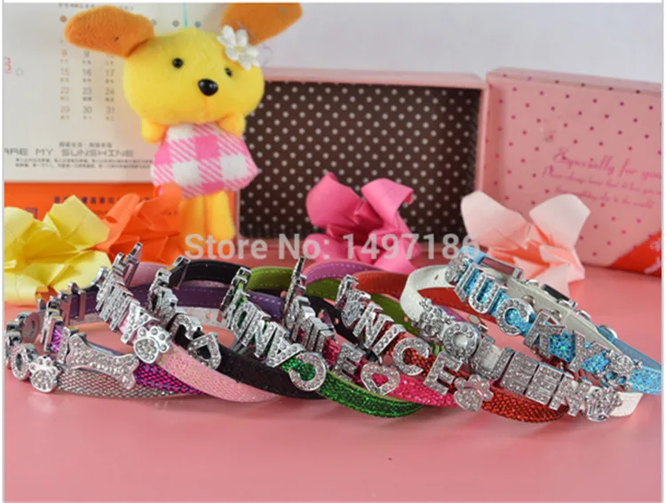 Bling Pu Leather 10MM Personalized Dog Pet Puppy Cat Collar with Free Letters Charms