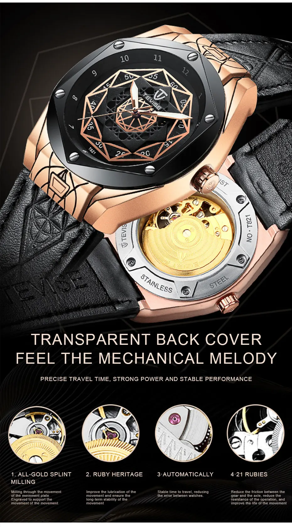 Горячая распродажа Роскошные Tevise мужские часы с автоматическим подзаводом со светящимся кожаным скелетом механические часы мужские наручные часы