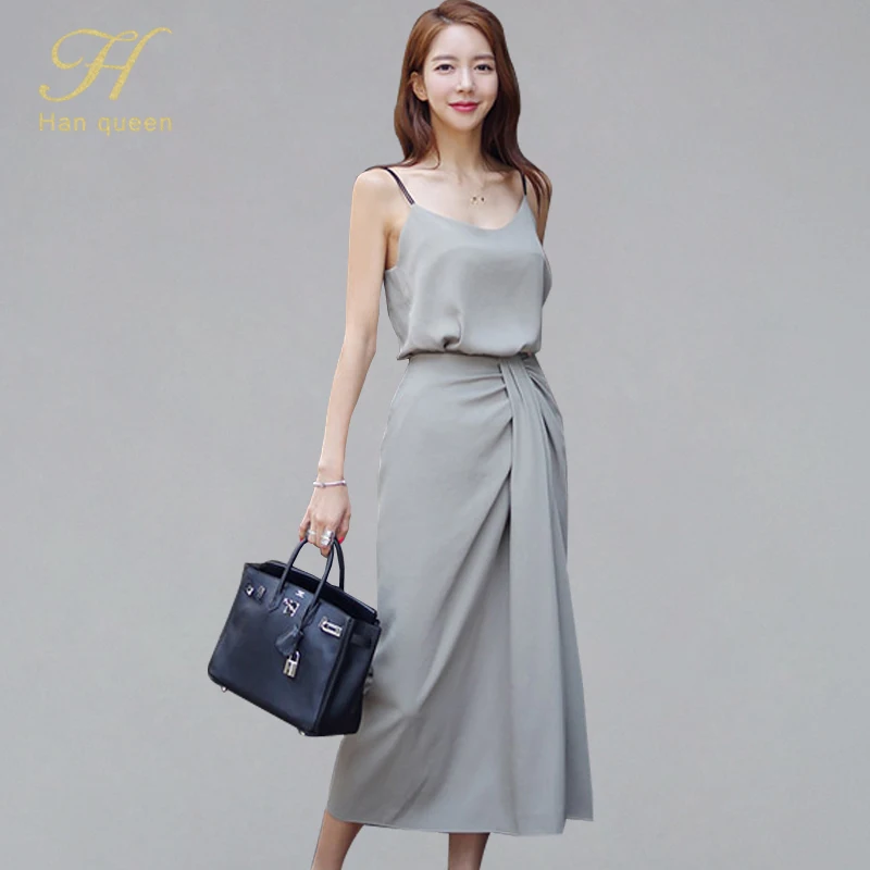 

H Han Queen 2019 Summer Korean Style 2 Pieces Suits Women Spaghetti Strap Backless Tops And Sexy Split Bodycon Skirt Elegant Set