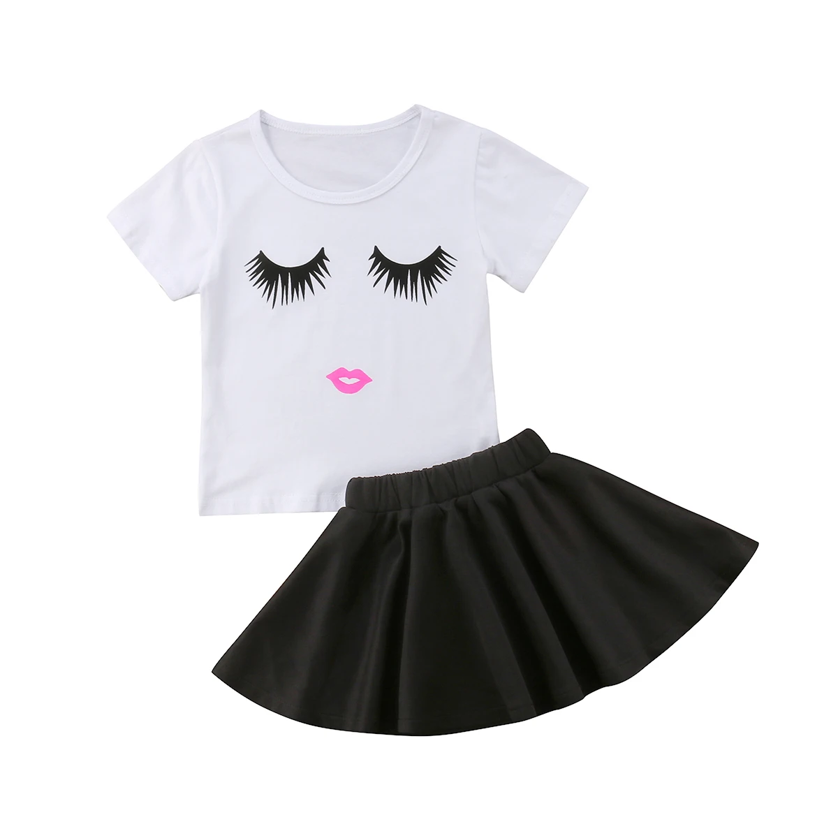 New!2Pcs Kids Baby Girls white T-shirt black Skirt Set Summer Dress Outfits