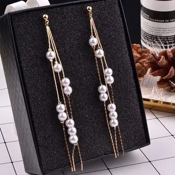 

Fashion Long Tassel Simulated Pearl Drop Earrings For Women Rhinestone Exquisite Snake Gold Silver Chain Pendant Earring Brincos