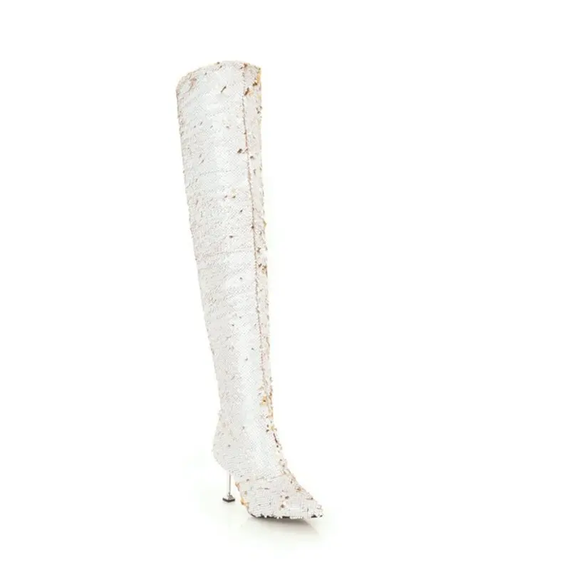 SIMLOVEYO/зимняя обувь; женские облегающие высокие сапоги; ботфорты с острым носком; обувь на молнии; Botas feminino mujer Bling; A1405 - Цвет: White Fur