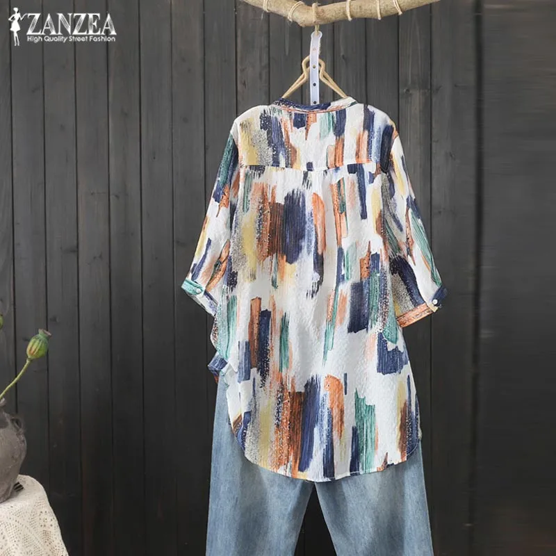 زائد حجم المطبوعة تونك المرأة الصيف بلوزة 2019 ZANZEA زر أسفل قمصان نصف كم Blusas قميص غير المتكافئة قمم 5XL