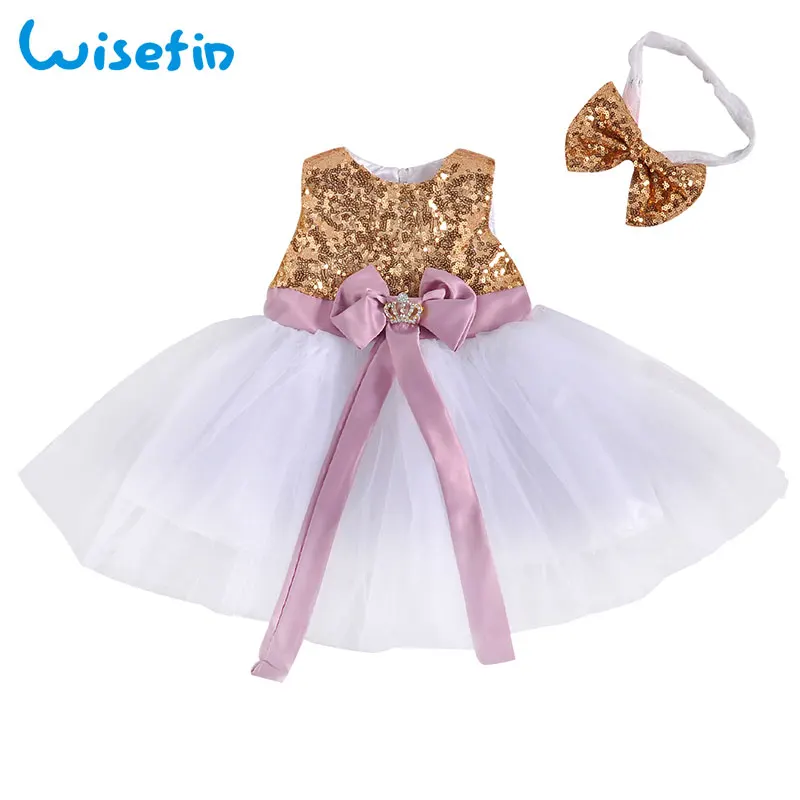 

Wisefin Baby Girl Dresses Party And Wedding Golden Sequins Princess Sleeveless Dress For Baby Toddler Clothing With Headband