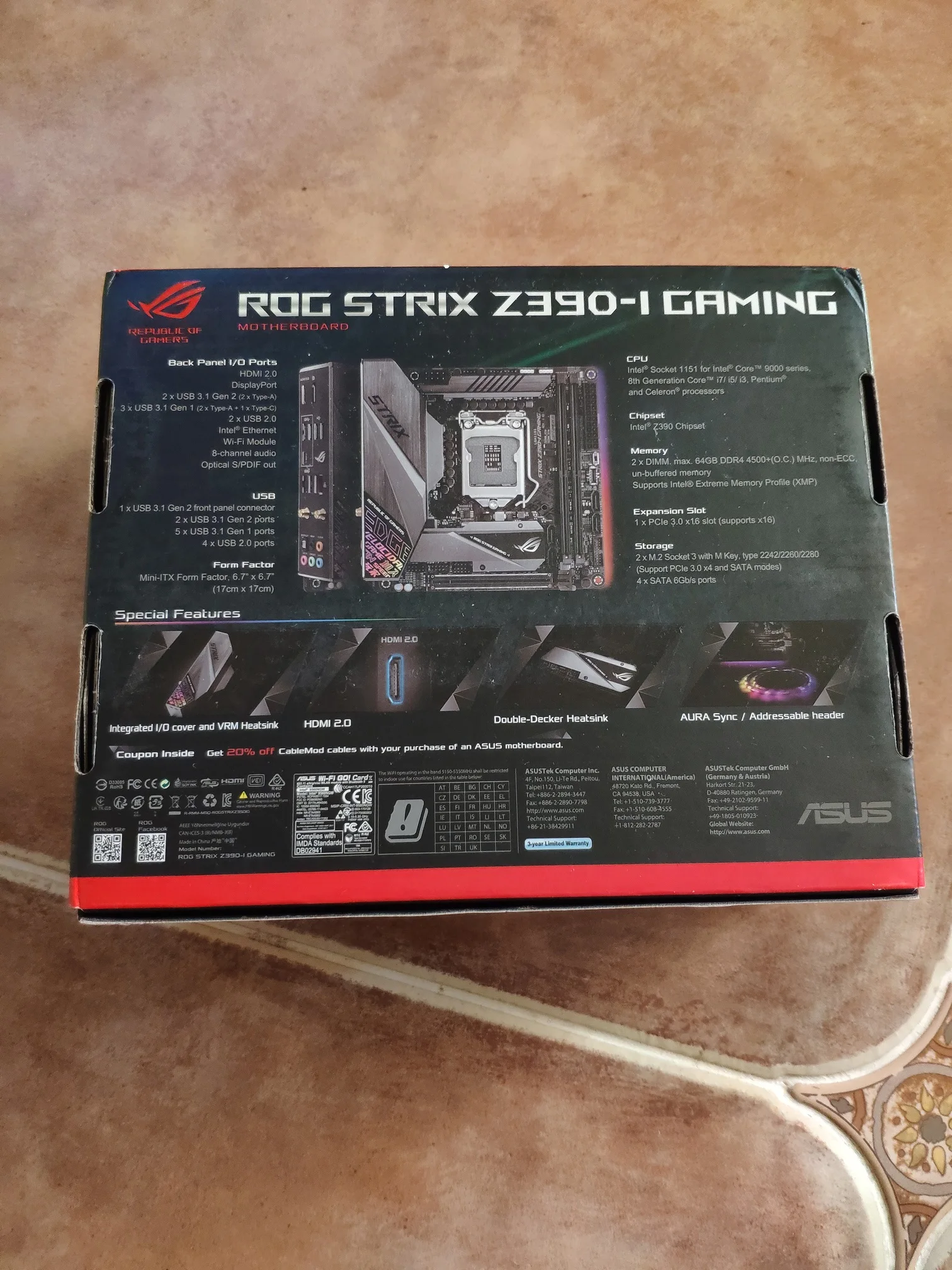 Материнская плата ASUS STRIX Z390-I GAMING ITX Z390 LGA1151 DDR4 PCI-E 3,0 M.2 wifi Mini-ITX