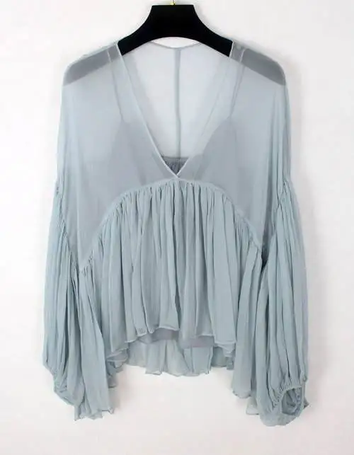 

100% silk blouse shirt women lantern sleeve tops blue white color hight quality summer 2017 new fashion