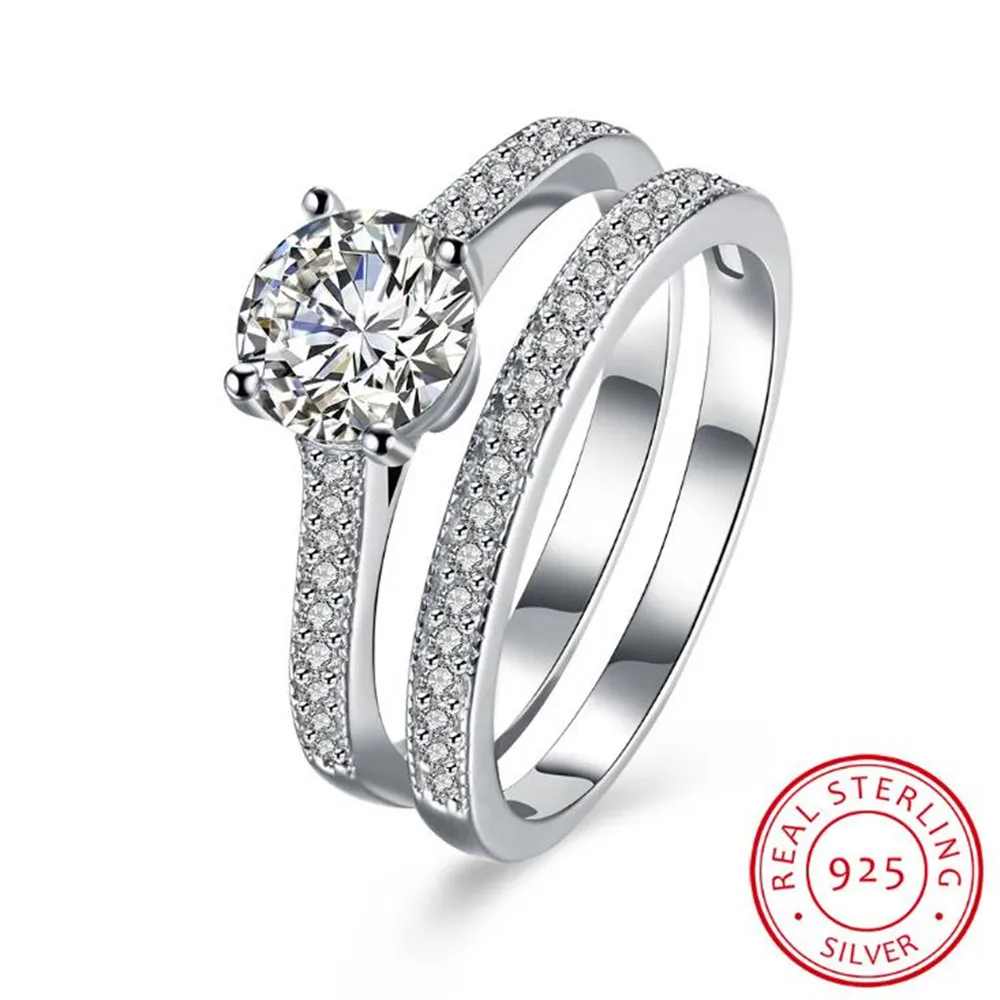 

2019 YKNRBPH Promotion Bezel Setting S925 Sterling Engagement Ring Sterling Silver Diamond Ring Set Double Couple Free Shipping