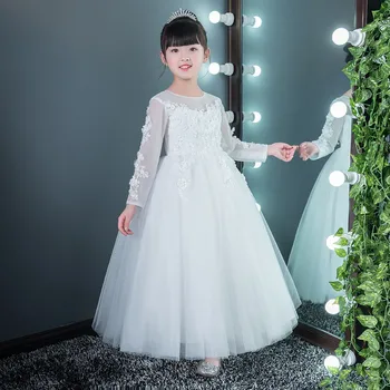 

Children Girls Elegant Princess Dress Crew Neck Tutu Dress Children Wedding Birthday Party Dress Mesh Long-Sleeve Girls Dress E6