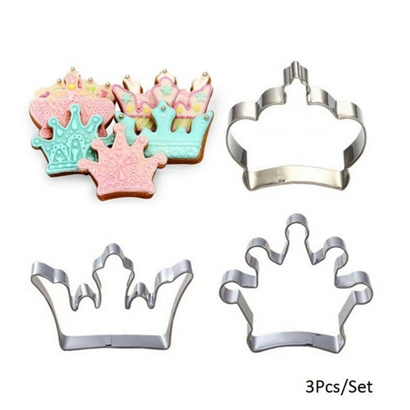 cheap 3Pcs Set Stainless Steel Princess Crown King Queen Party Cookie Cutter Cake Biscuit Baking Tool Mold High Quality