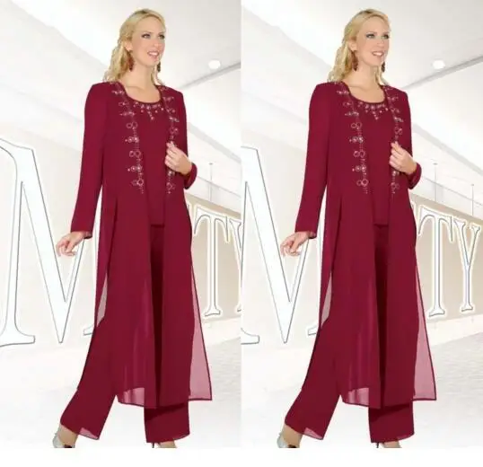 Fuchsia Three-Pieces Mother of the Bride Suits with Jackets Long Sleeve Beaded Chiffon Formal Wear 3 piece mother's pant 2016 Custom Made