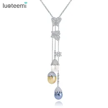 Luoteemi nuevo elegante de cadena larga collar de perlas 3 unids perlas de concha de mar con cz flor colgante, collar de joyería de las mujeres al por mayor