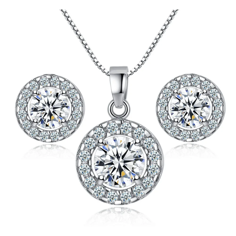 

2pc Sets Pendant Necklace Stud Earring Women Wedding Jewelry Big Round Shiny AAA Zircon 2017 Fashion Silver Color Vintage Sets