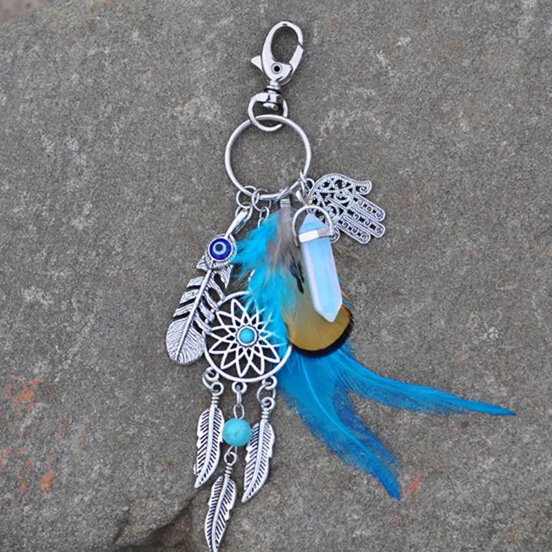 Artilady Natural Opal Stone Dreamcatcher Keyring Fashion  Boho Jewelry Feather Keychain For Women