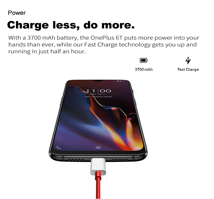 ONEPLUS 6T A6010 8GB RAM 128GB ROM Qualcomm Snapdragon 845 2.8GHz Octa Core 6.41 Inch 2.5D AMOLED Corning Gorilla Glass 6 FHD+ Full Screen Dual Camera Android 9.0 4G LTE Smartphone