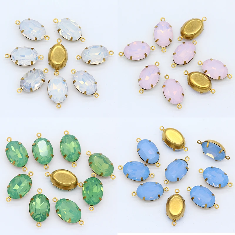 

12p 14x10mm oval opal color vintage faceted Framed crystal Earring Handmade Connector 2loop jewelry findings loose Beads
