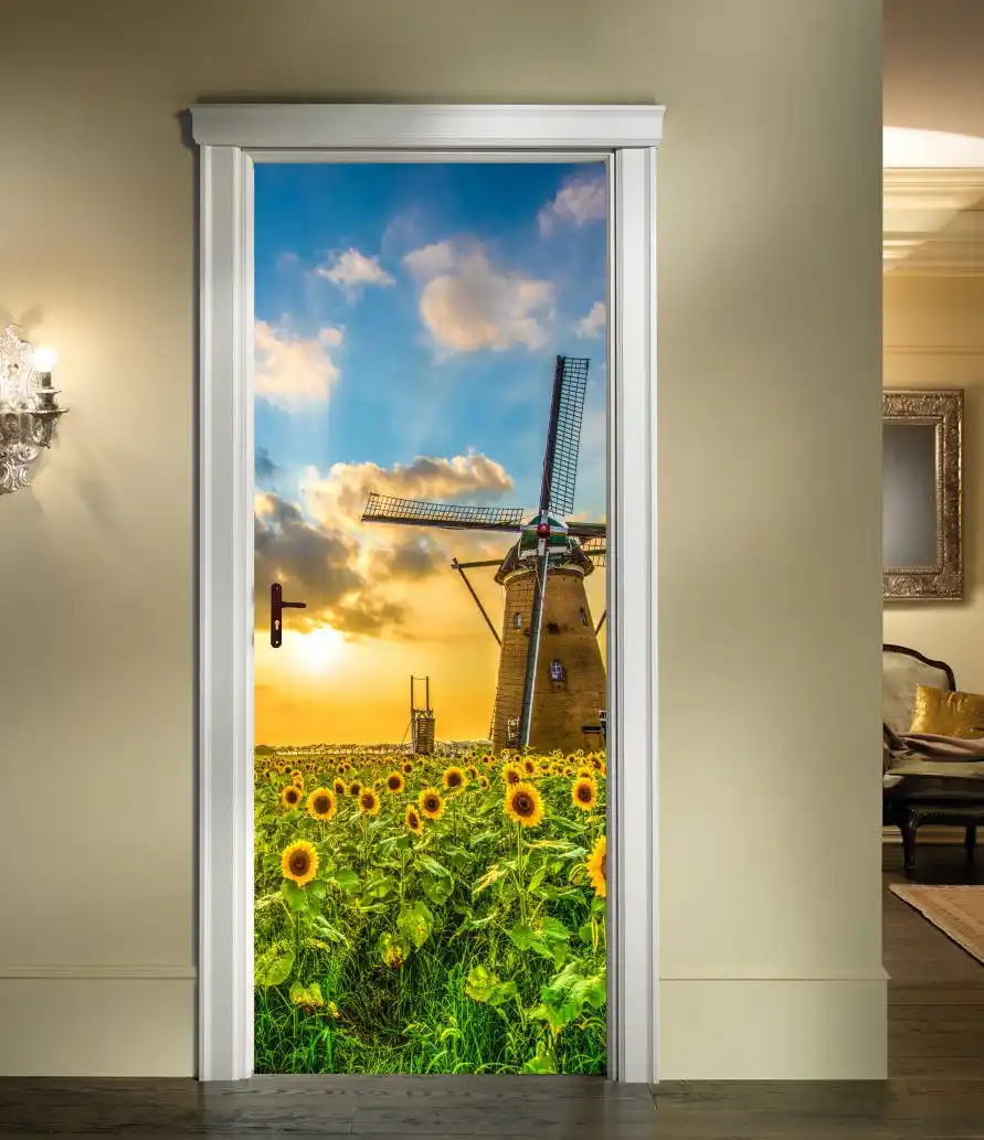 Puerta 3d Mural Molino De Viento Lado Girasol Campo Puerta