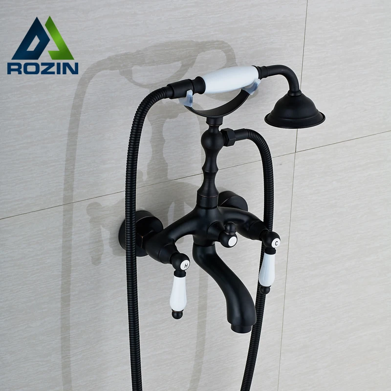 Luxury Wall Mounted Bathtub Mixer Faucet Double Handle Rotate Tub Water Taps With Ceramic Handshower