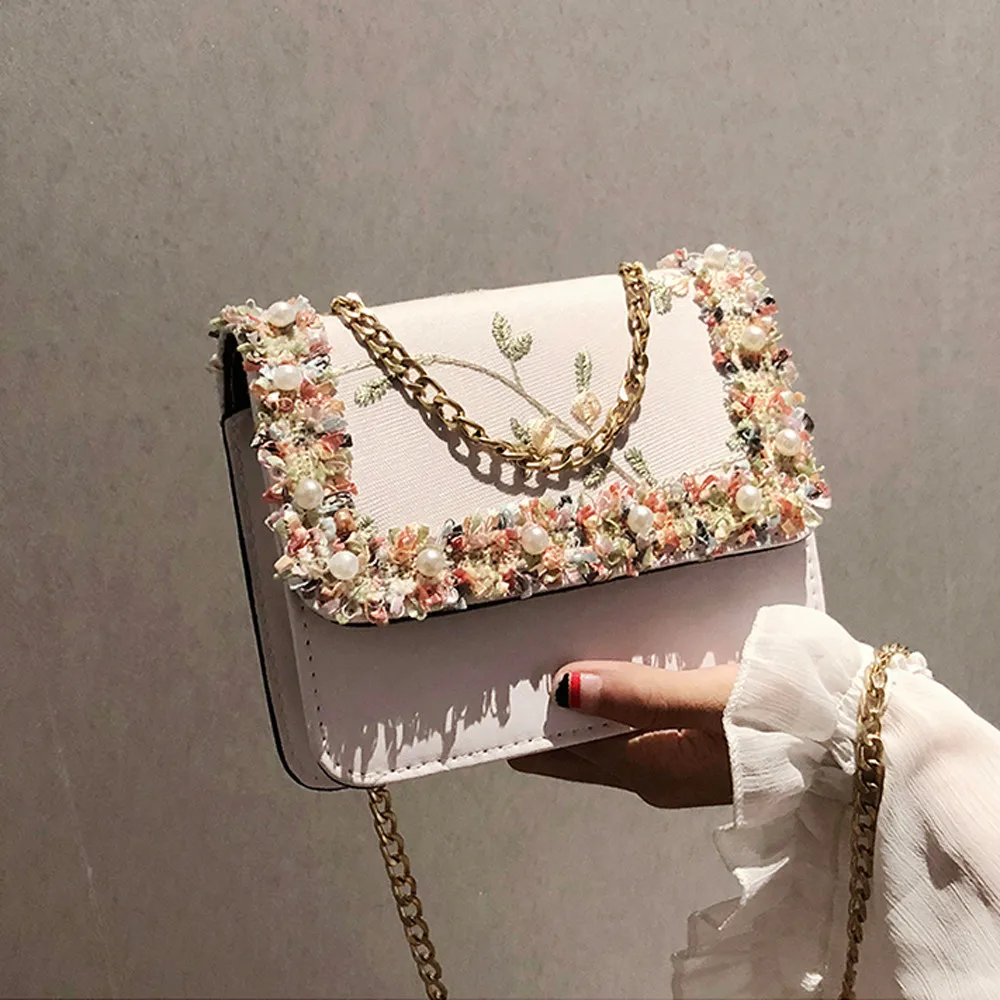 

Lace Flowers Women bag 2018 New handbag High quality PU Leather Sweet Girl Square bag Flower Pearl Chain Shoulder Messenger Bag