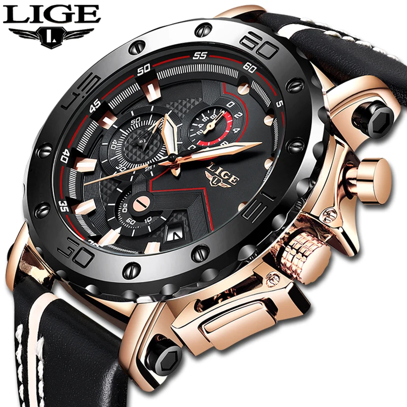 Günstige LIGE Neue Luxus Marke Männer Analog Leder Sport Uhren männer Armee Militärische Wasserdichte Uhr Männliche Datum Quarz Uhr Reloj hombre