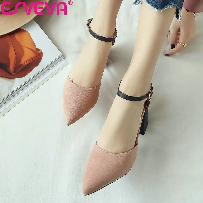 

ESVEVA 2020 Women Pumps Pointed Toe Casual Shoes Handmade Buckle Square Heel Comfortable Women Shoes Size 34-43 High Heels Shoes