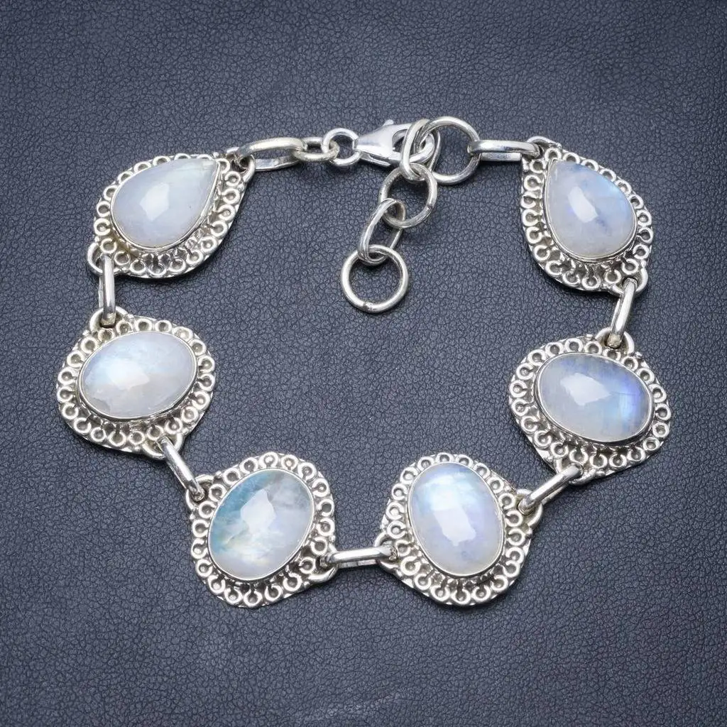 

Natural Rainbow Moonstone Handmade Unique 925 Sterling Silver Bracelet 7 1/2-8 1/2" Y2813