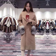 Ptslan Women Alpca Sheep Fur Coat Fashion Women Wool Coat Fox fur sleeve Long Sheep fur