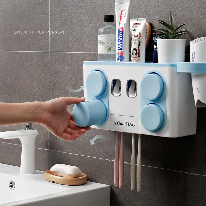 

Wonderlife Bathroom Set Accessories Toothbrush Holder Automatic Toothpaste Dispenser Suction Cup Wall Mount Bathroom Storage Box