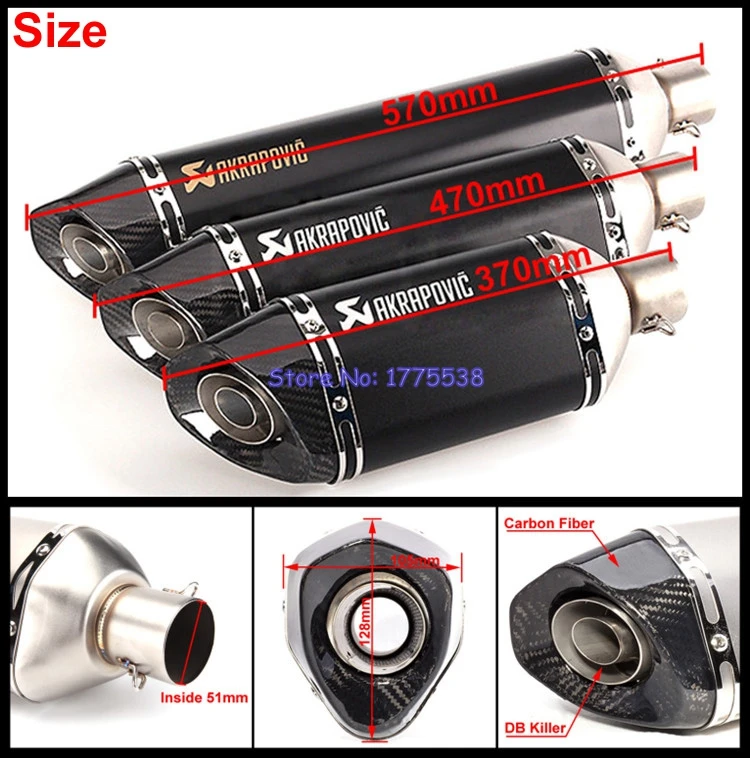PHULEOVEO Universal 370mm 470mm 570mm mm entrada 51mm motocicleta moto Scooter Akrapovic tubo de Escape silenciador Escape DB asesino