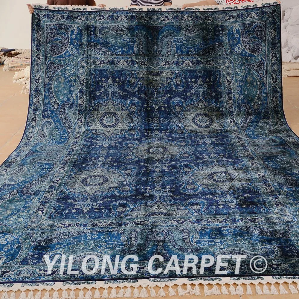 Yilong 8.5'x12' antique handmade oriental rug dark blue Turkish carpet