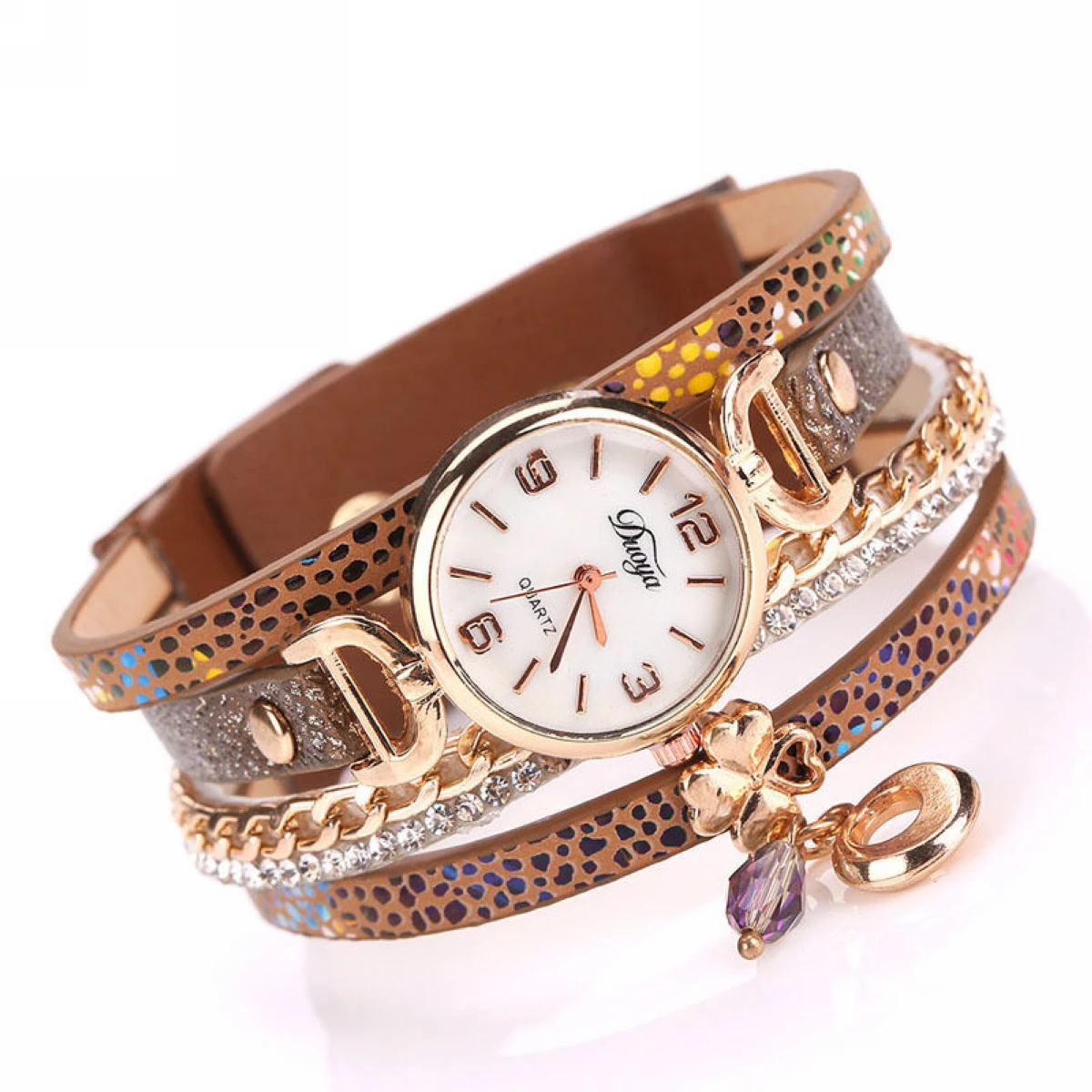 Women's Crystal Rhinestone Leopard Leather Chain Wrap Bracelet Wrist Watch