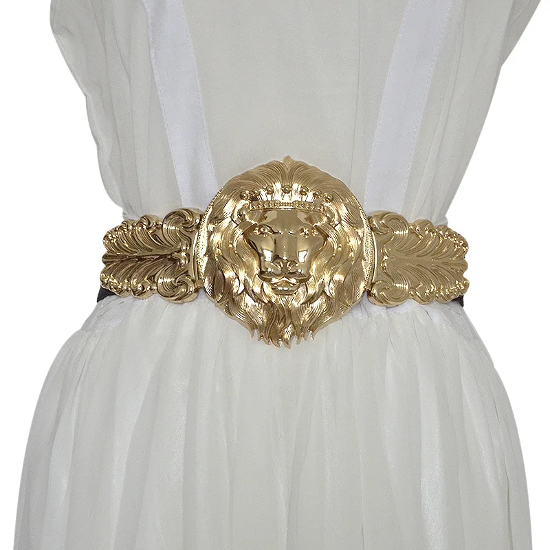 Женская Роскошная большая голова Золотого льва пояс дизайнерские ремни для женщин платье эластичный ceinture femme женский модный аксессуар