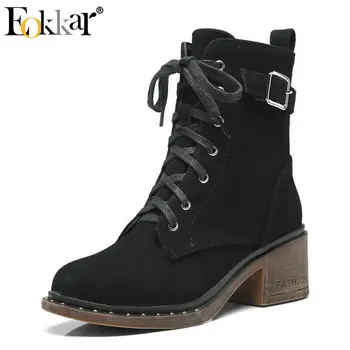 

Eokkar 2019 Women Ankle Boots Cow Suede Fashion Women Shoes Lace Up Winter Boots Women Shoes Black All Match Shoes Size 34-43