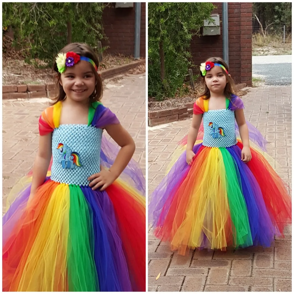 

Rainbow Tutu Dress Girls Crochet Tulle Dress Ball Gown with Flower Headband Children Wedding Party Cartoon Cosplay Costume Dress