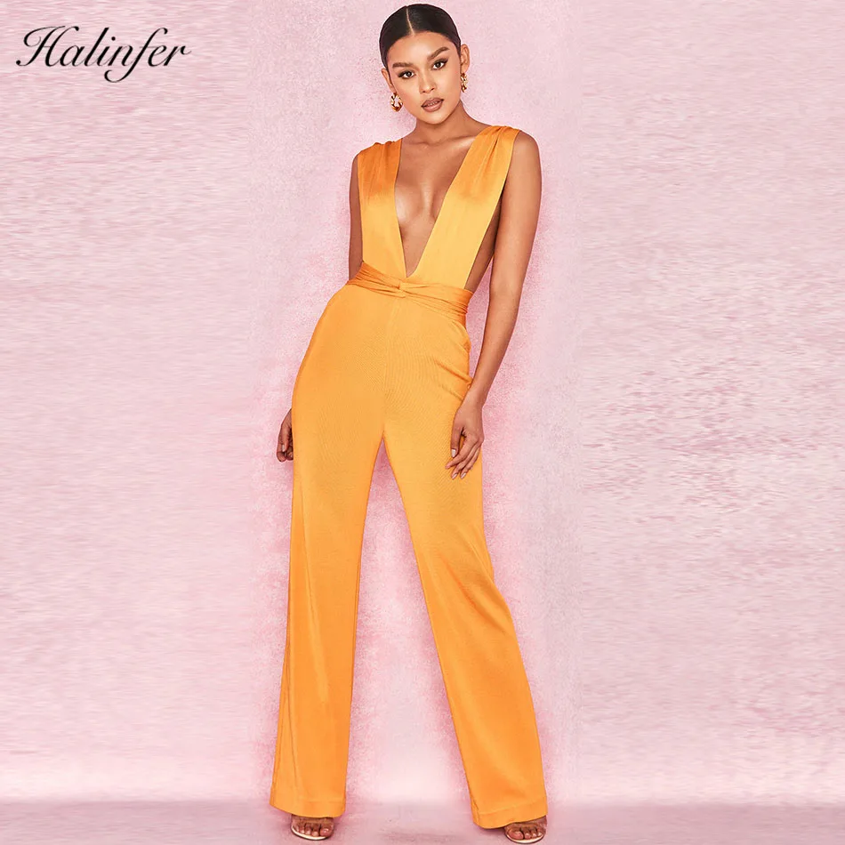 Halinfer 2018 Summer new style European and American fashion sleeveless orange bandage pants, tight elastic package long pants Dresses