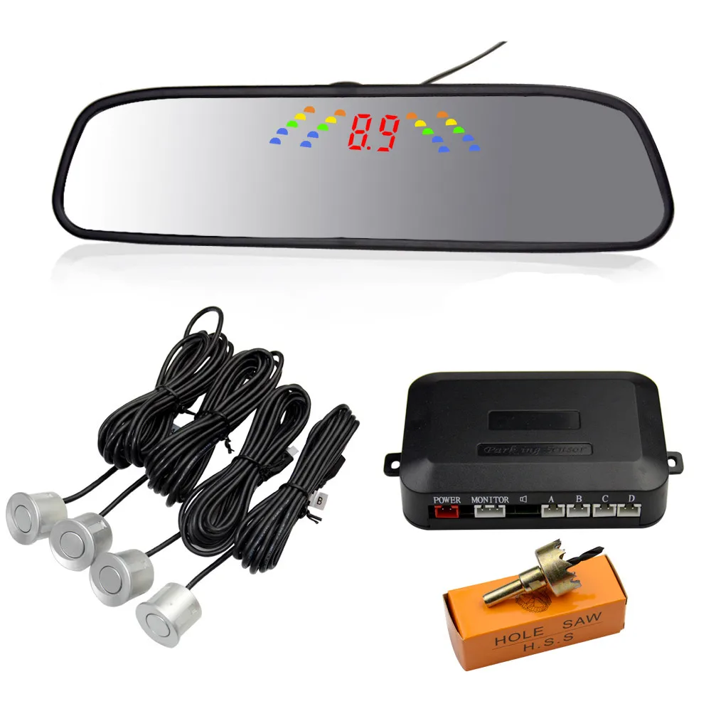 Wire Parking Mirror 4 Sensors Digital Car Radar System Buzzer LED Display Auto Parking 22mm Sensor